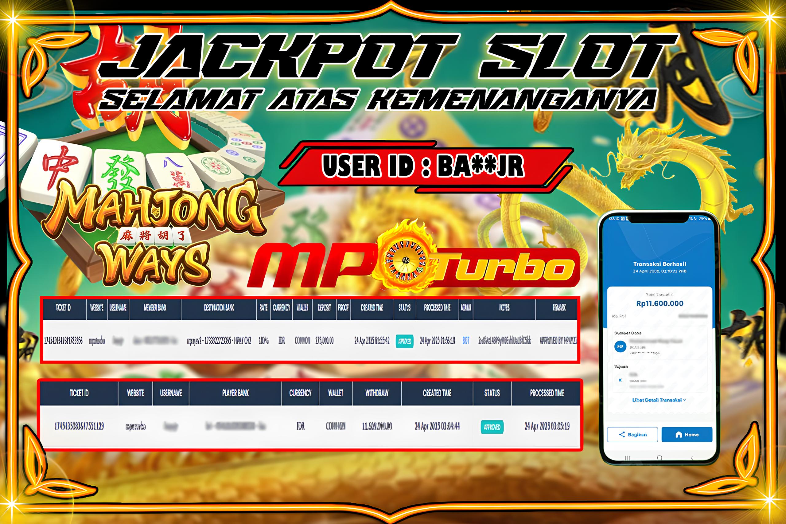 MPOTURBO JACKPOT SLOT Mahjong Ways Rp11,600.000.00,- LUNAS